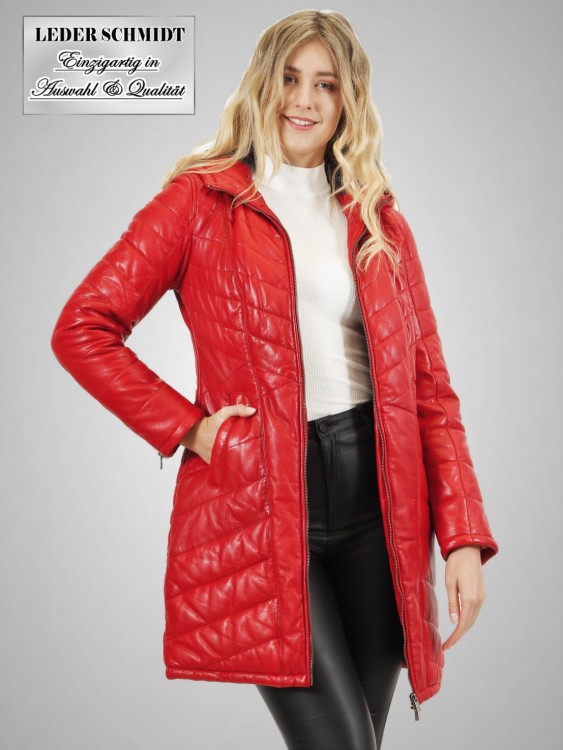 echte rote lange Damen Lederjacke mit Lederkapuze