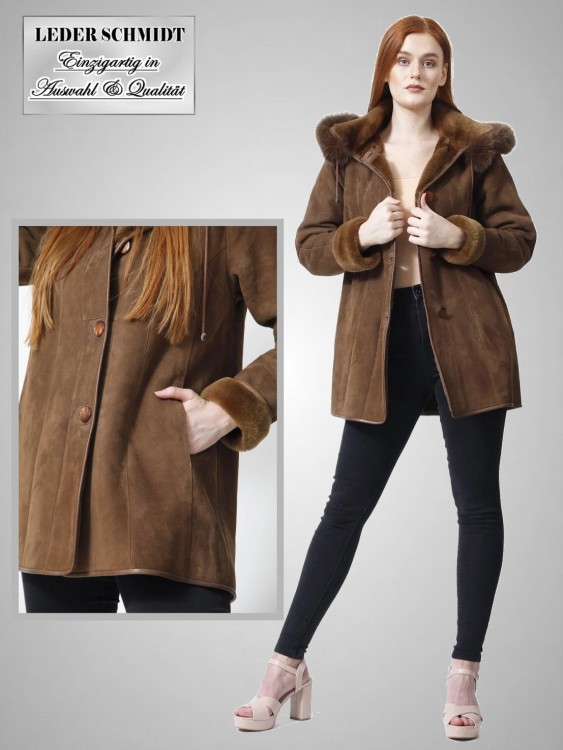 braune Damen Lammfelljacke Kapuze braun