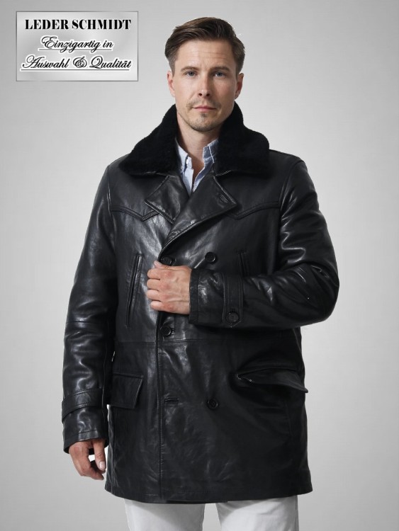 Zweireiher Lederjacke Herren lang schwarz echtes Leder