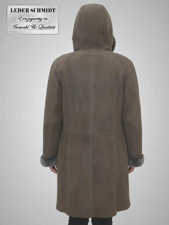 lange Damen Lammfelljacke mit Kapuze