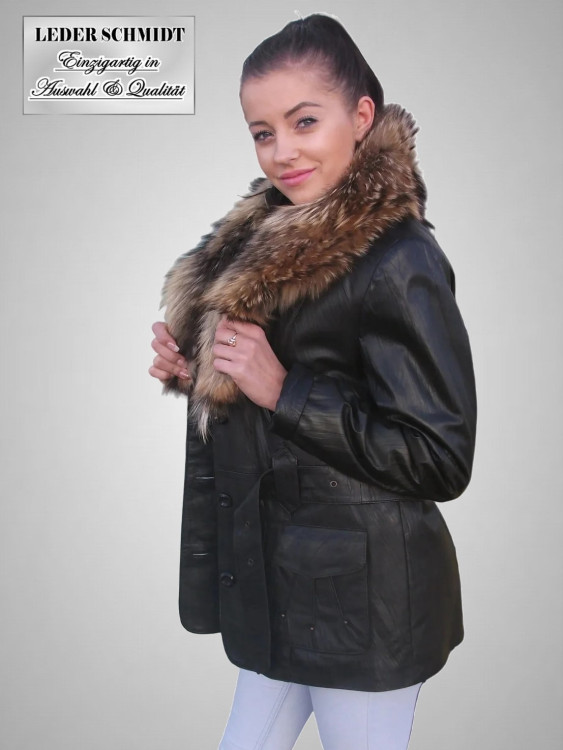 Damen Lederjacke mit Pelzkragen und Gürtel