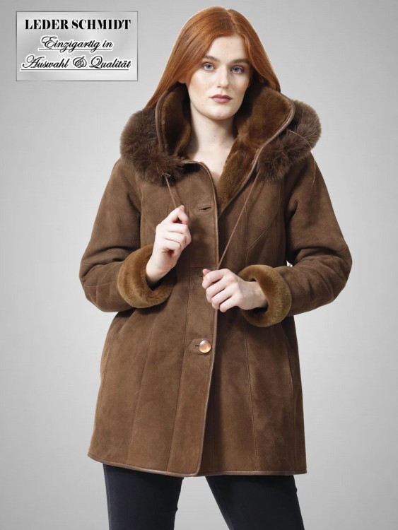 braune Damen Lammfelljacke Kapuze