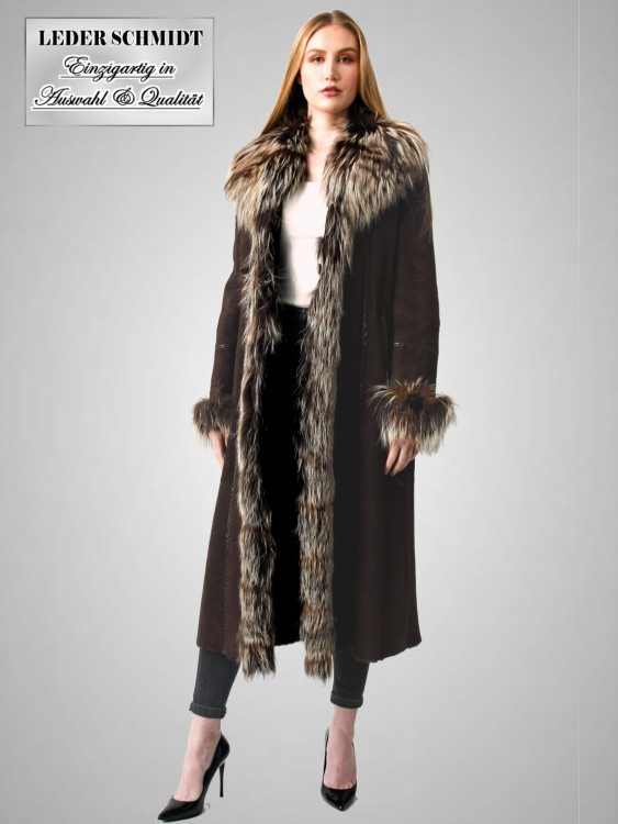 Lammfellmantel Damen lang dunkel braun