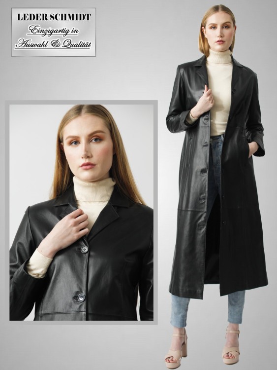 Langer Damen Ledermantel schwarz echtes Leder