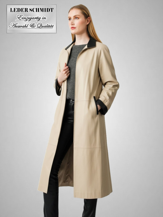 leichter Damen Ledermantel in beige mit Reißverschluss und Schlitze seitlich mit Reißverschluss