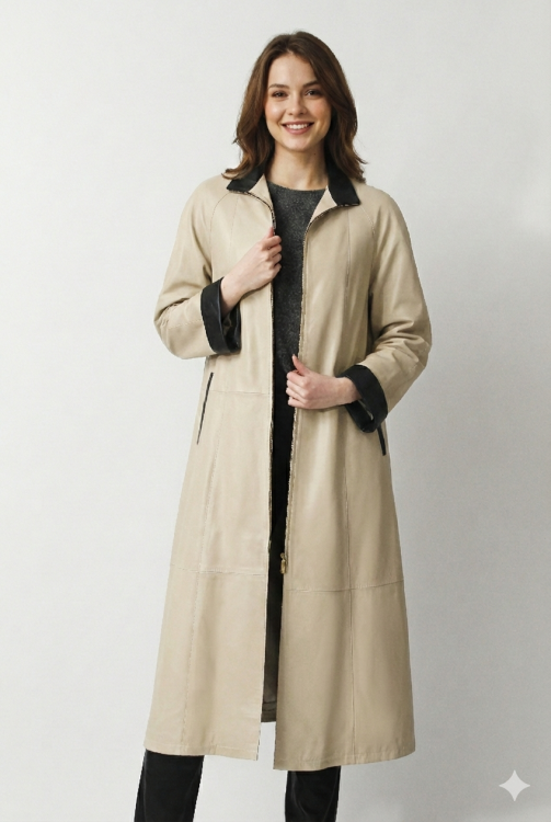 Preview: leichter Damen Ledermantel in beige mit Reißverschluss und Schlitze seitlich mit Reißverschluss