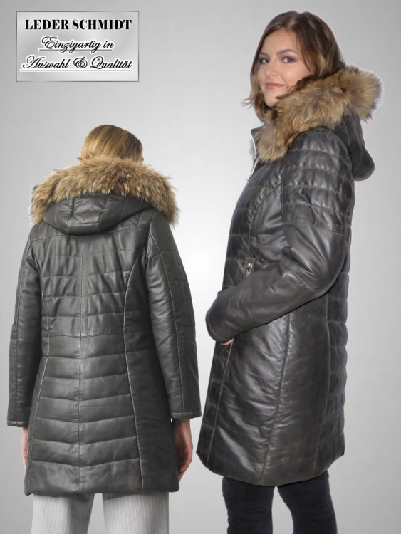gesteppter Damen Lederjacke lang schwarz grau mit Kapuze