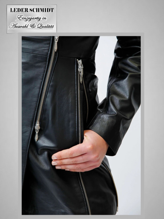 echte lange Damen Lederjacke schwarz Reissverschluss Reverse