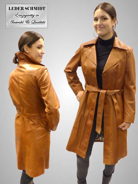 Damen Ledermantel Gürtel cognac