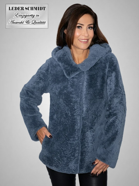 Preview: leichte Damen Cuely lammfelljacke in blau mit Kapuze