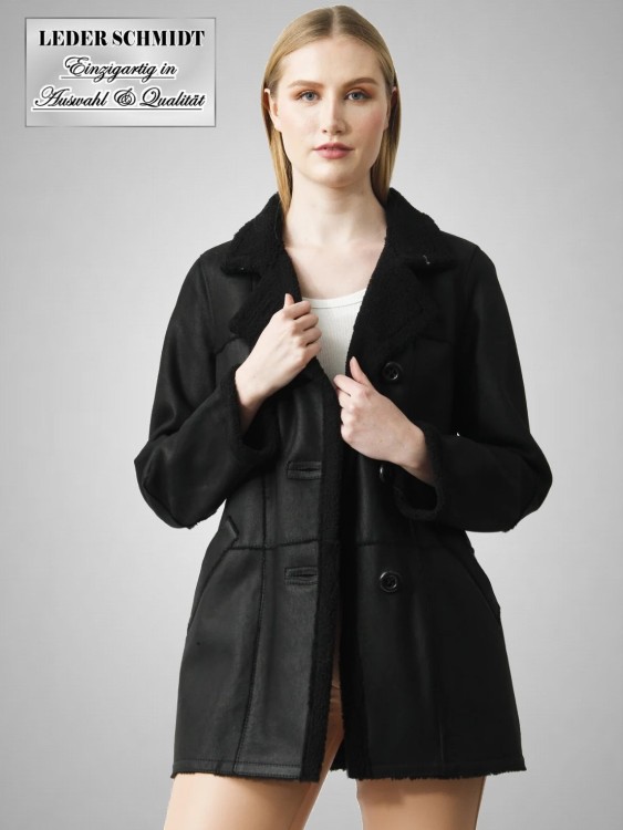 schwarze Damen Lammfell-Jacke leicht Knöpfe Kragen Christ