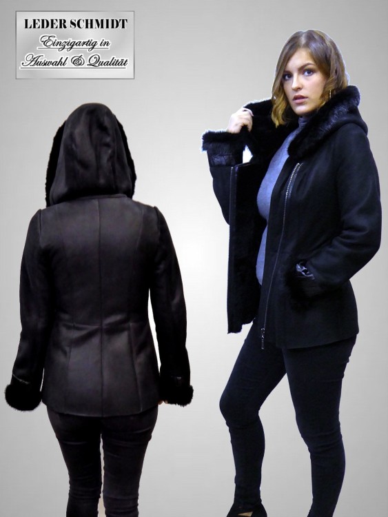 kurze Damen Lammfelljacke mit Kapuze