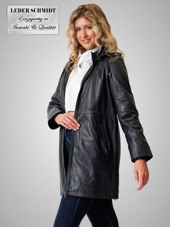 blaue echte Damen Lederjacke mit Kapuze Lammnappa