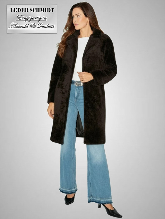 Preview: Damen Curly Lammfellmantel dunkelbraun mit Lammfell nach außen, Reverskragen und Pelzhaken