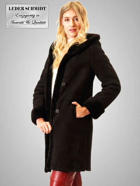 Preview: Damen Lammfelljacke / Mantel mit Kapuze
