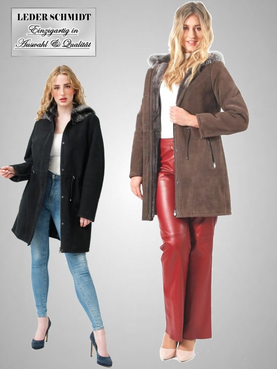 leichte Damen Lammfelljacke mit Kapuze