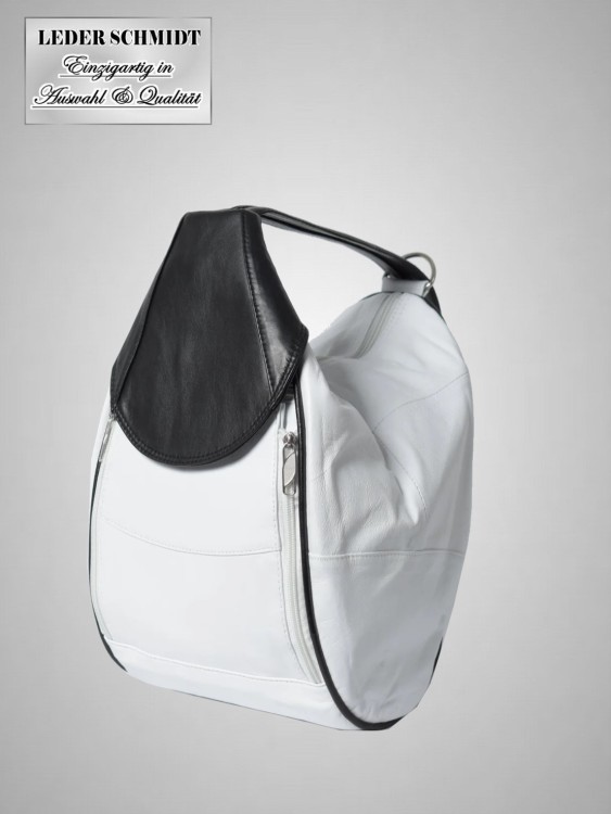 echter Lederrucksack weiß schwarz viele Taschen