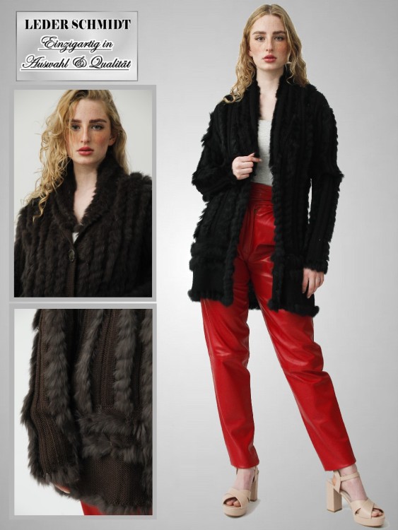 lange Pelzjacke mit Strick schwarz
