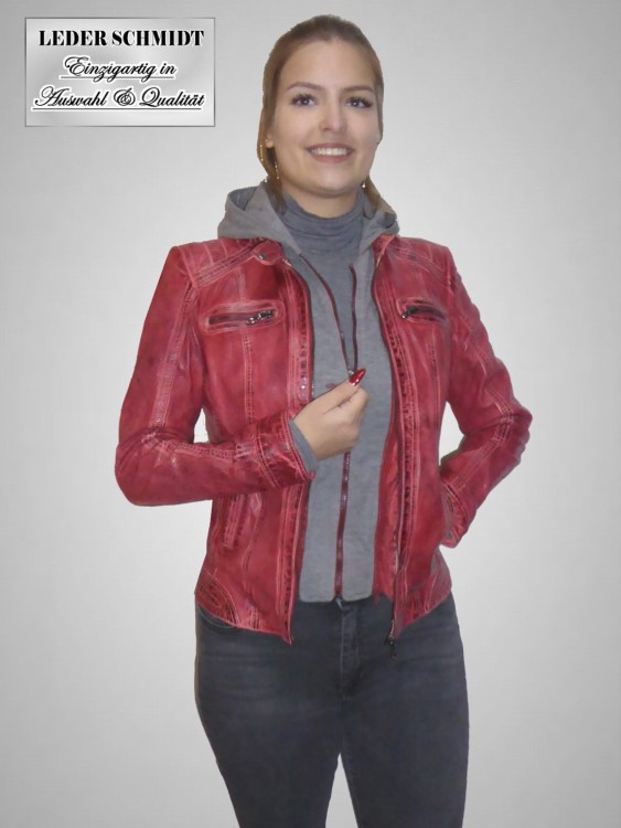 Preview: rote kurze Damen Lederjacken echtes Leder Kapuze abnehmbar