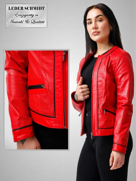 Preview: kurze rote Damen Lederjacke ohne Kragen