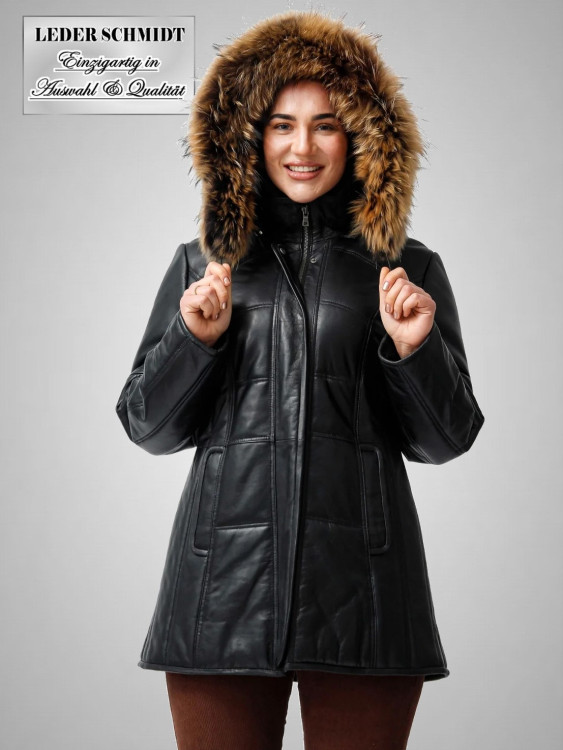 Damen Leder-Parka abnehmbare Kapuze mit Fellrand
