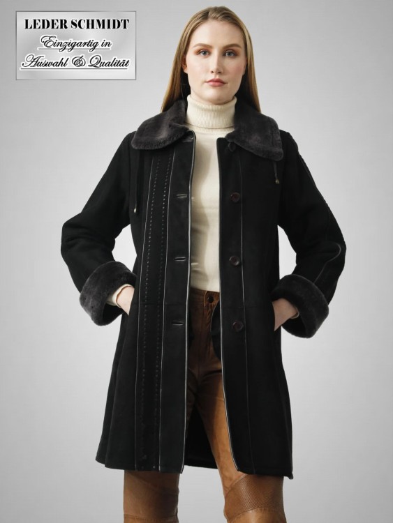 schwarze lange Damen Lammfelljacke