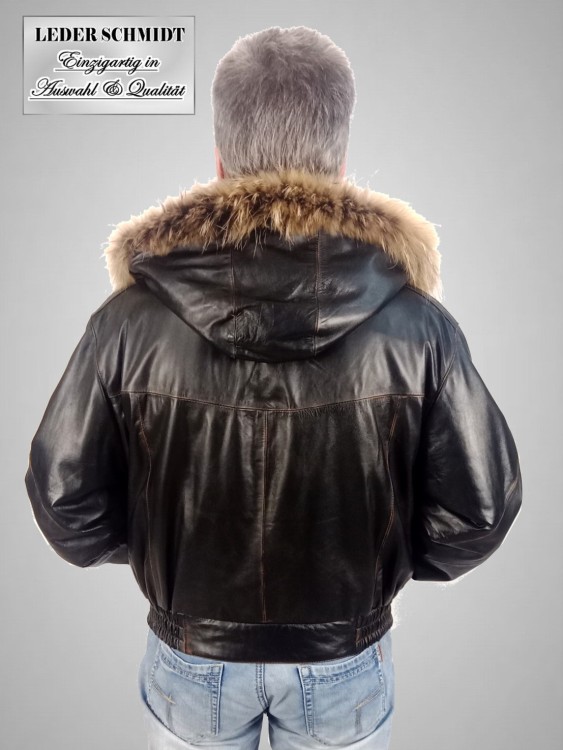 kurzer echter Herren Leder-Blouson in schwarz Lederkapuze