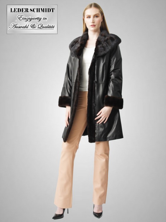 lange Damen Lederjacke schwarz echtes Lammnappa großer Kragen