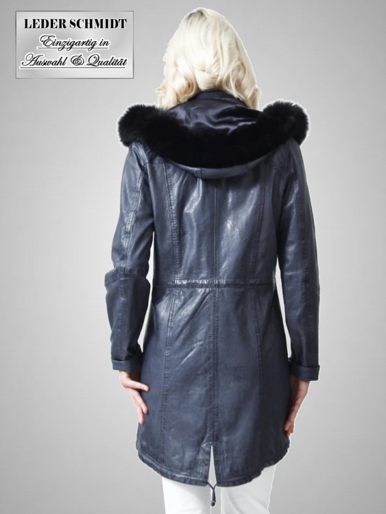 blaue vintage Damen Lederjacke lang kapuze echtes Leder