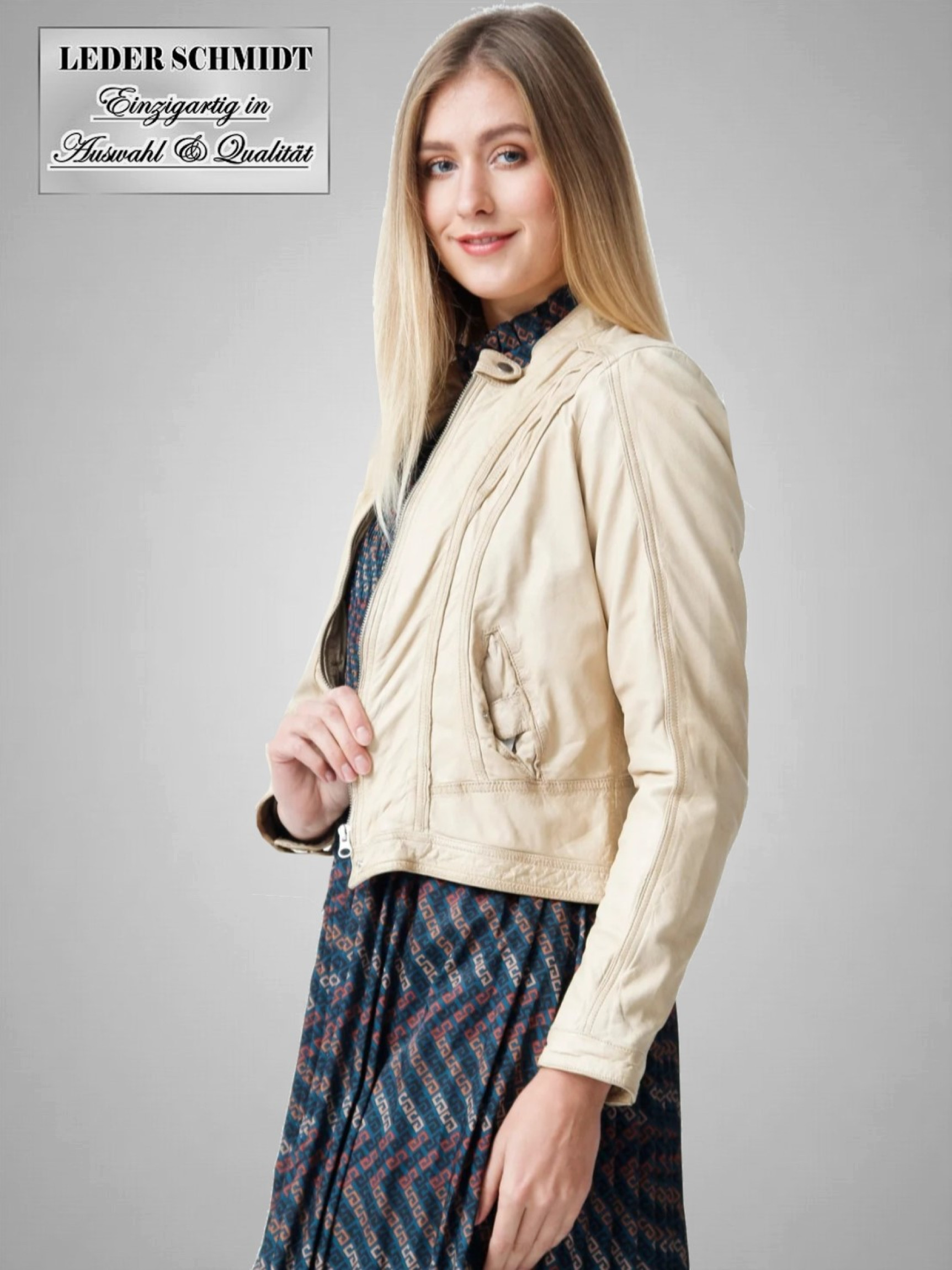Damen Lederjacke kurz in grün und beige
