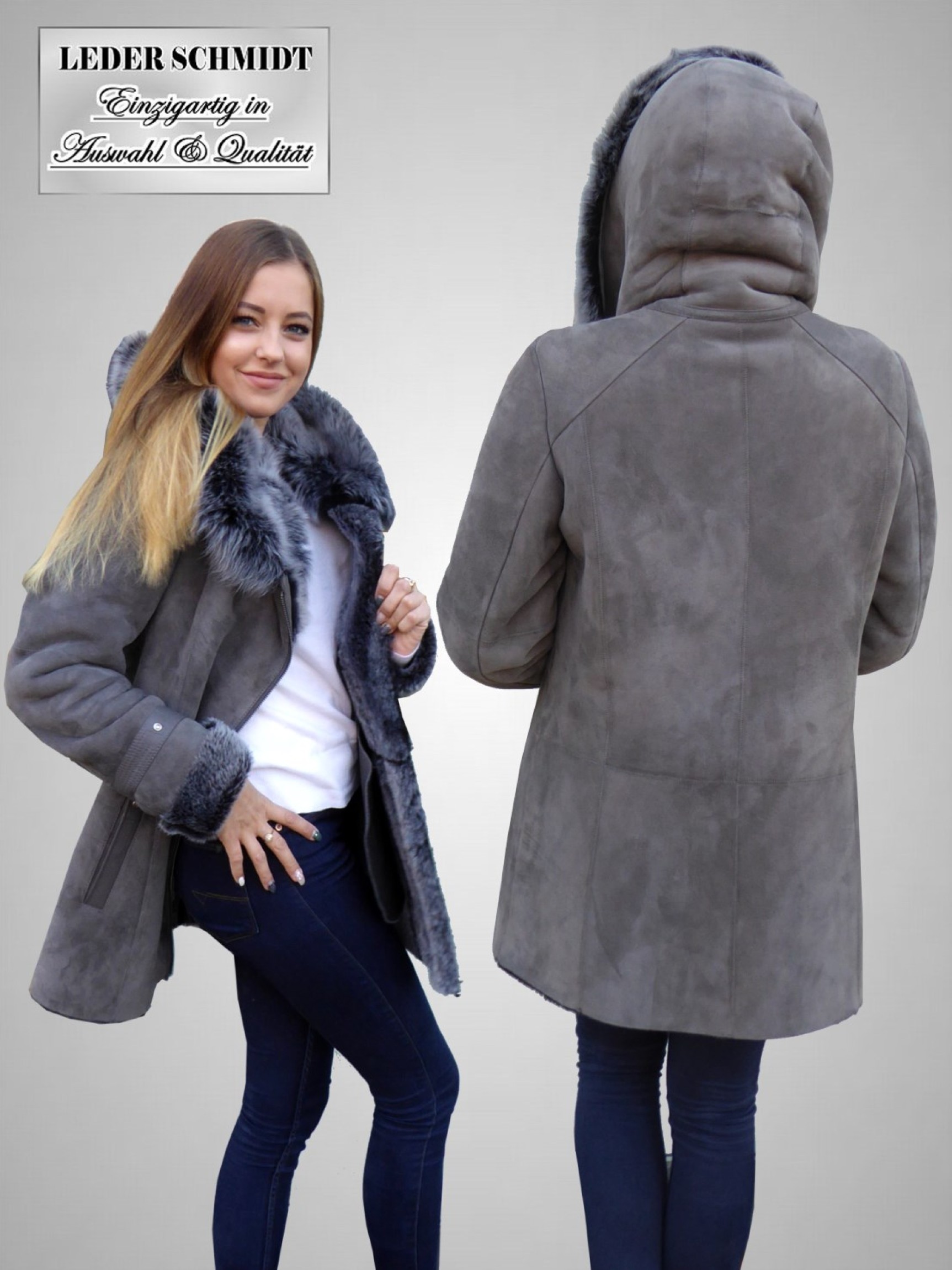 Damen Lammfelljacke Po bedeckt Kapuze grau Reißverschluss