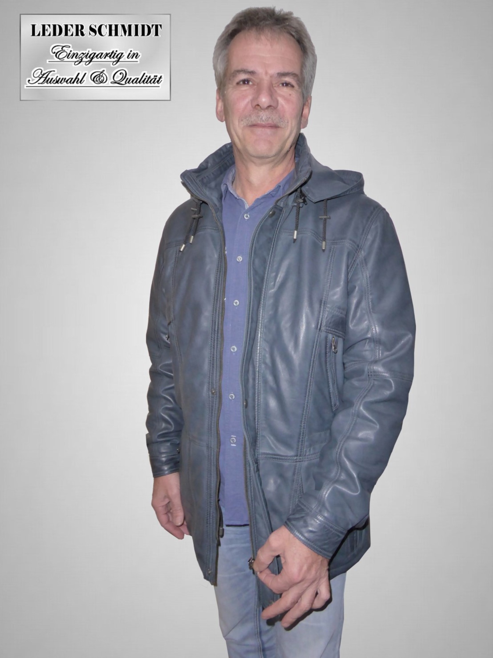 Lederjacke Herren lang viele Taschen abnehmbare Kapuze
