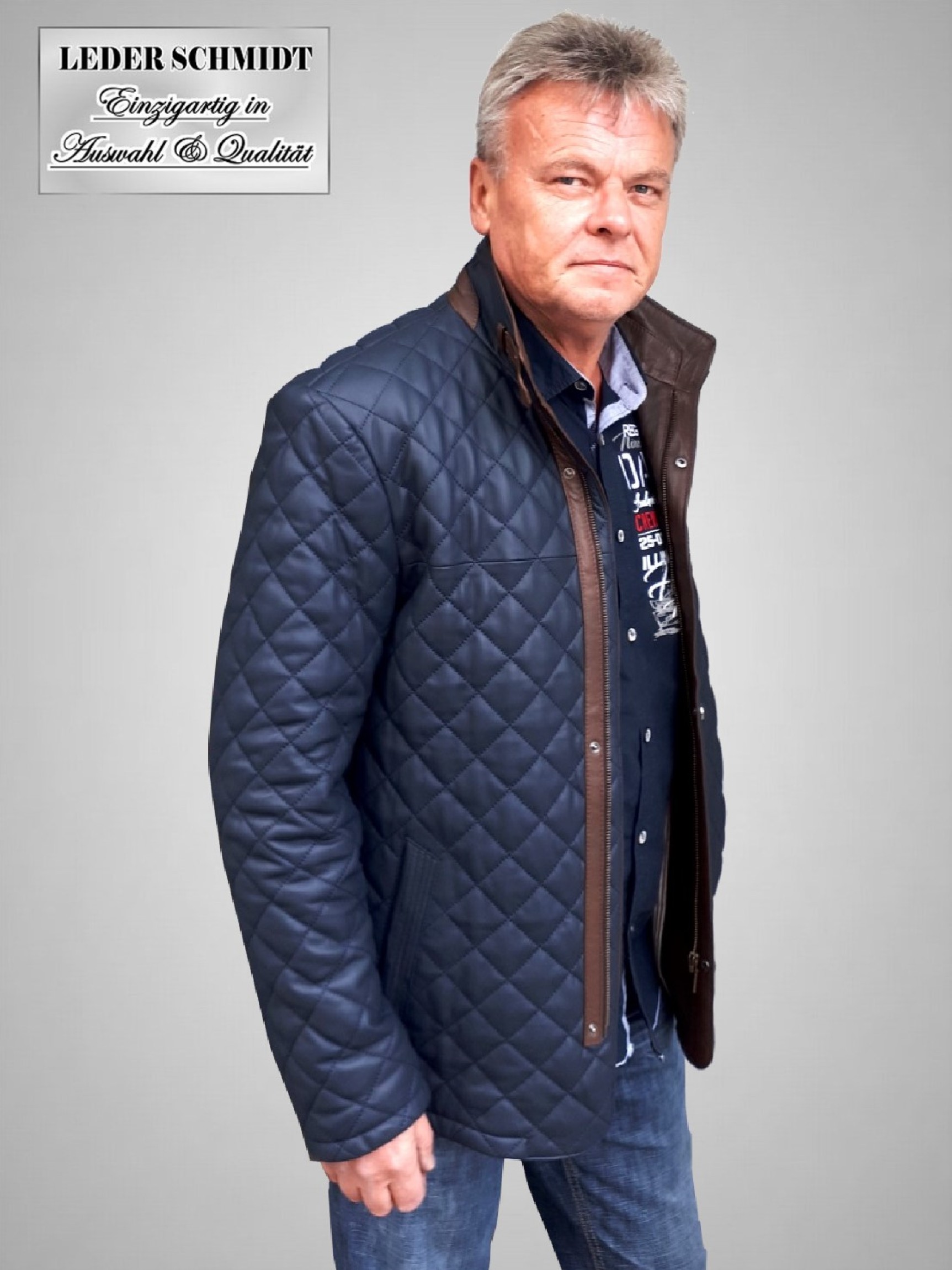 Halblange Herrenlederjacke echtes Lammnappa blau exklusiv
