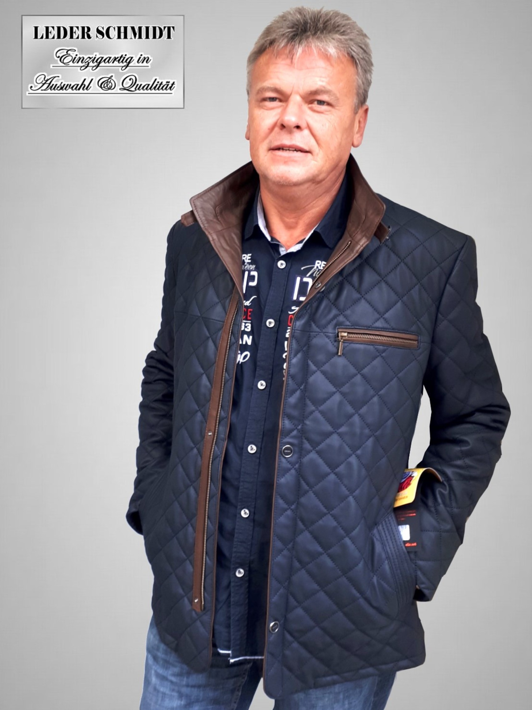 lange Herrenlederjacke blau gesteppt elegant