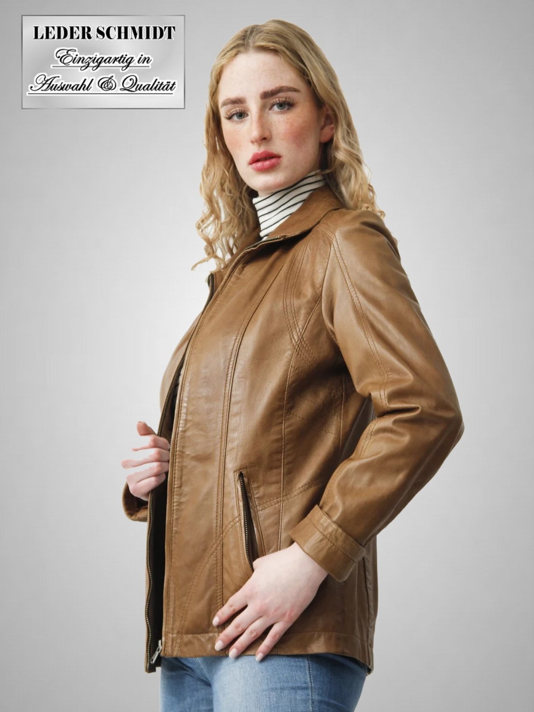 lange Damen Lederjacke braun Reissverschluss