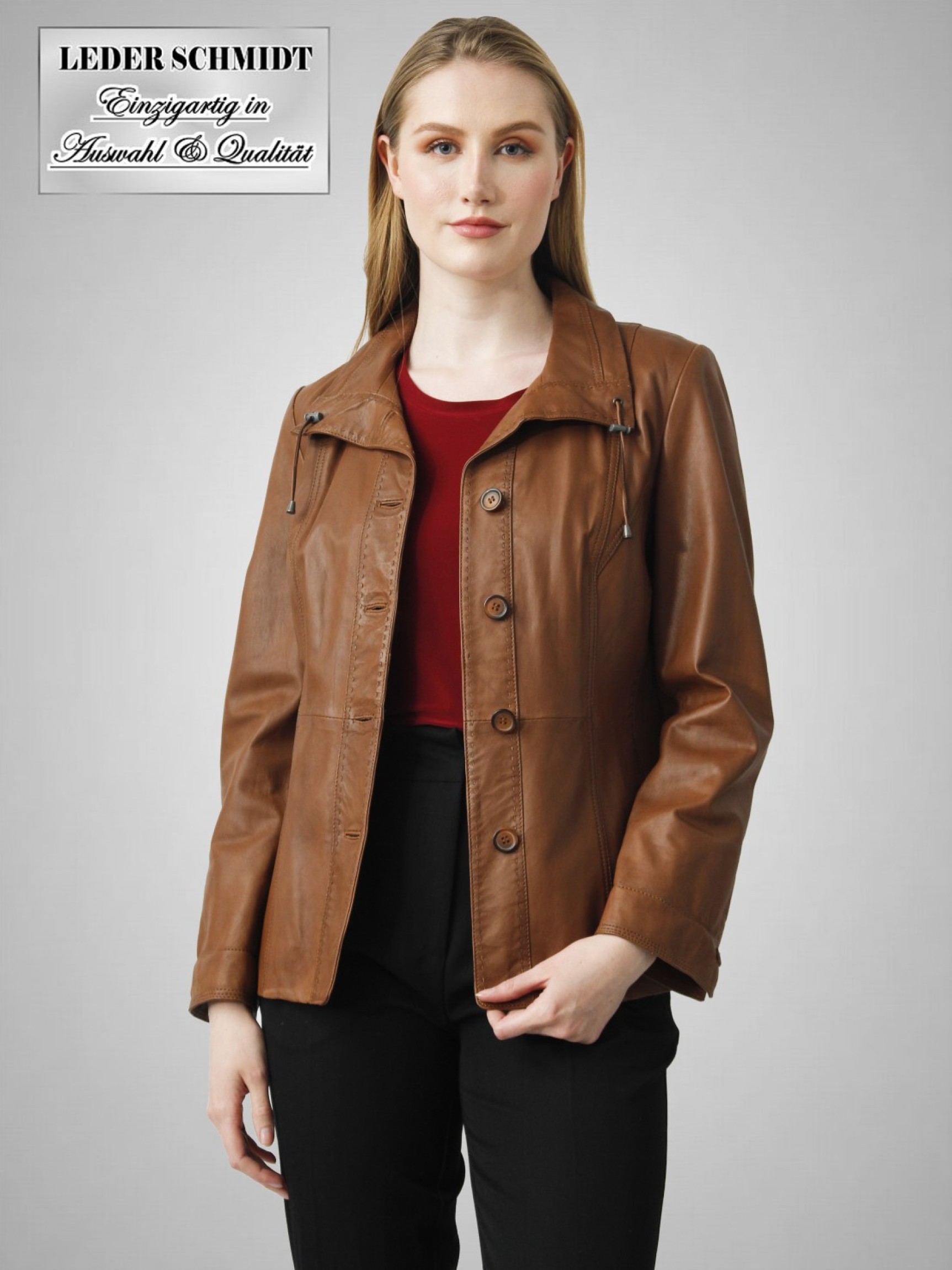 leichte halblange braune Damen Lederjacke Knöpfe