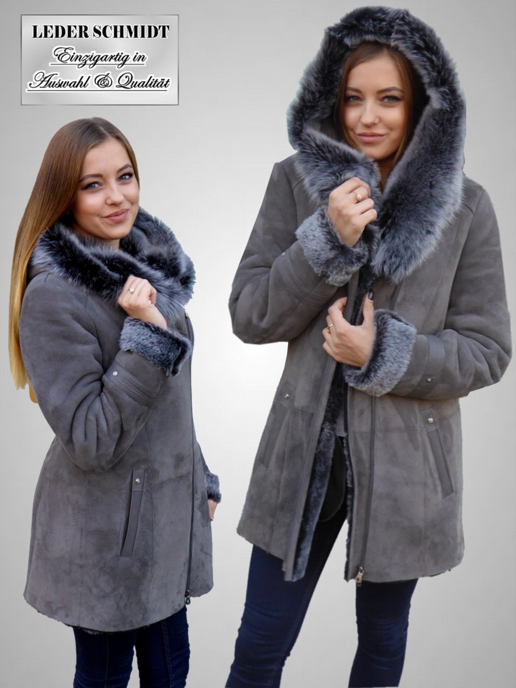 leichte Damen-Lammfelljacke Damen mit Kapuze Reißverschluss