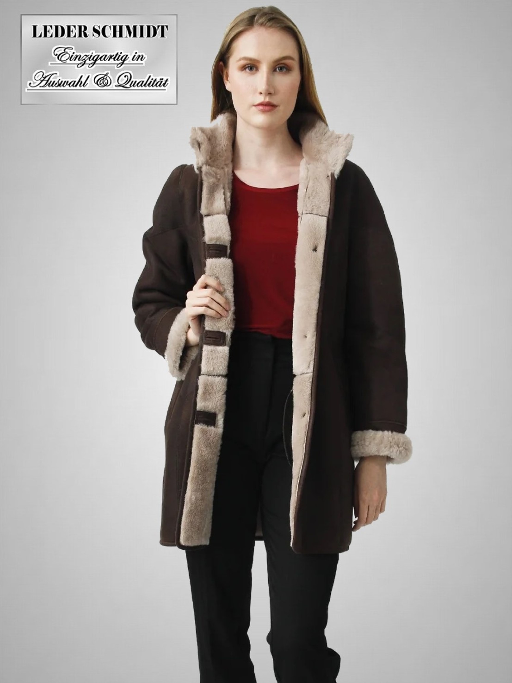 Damen Lammfelljacke Stehkragen braun weiß lang echtes Schaffell