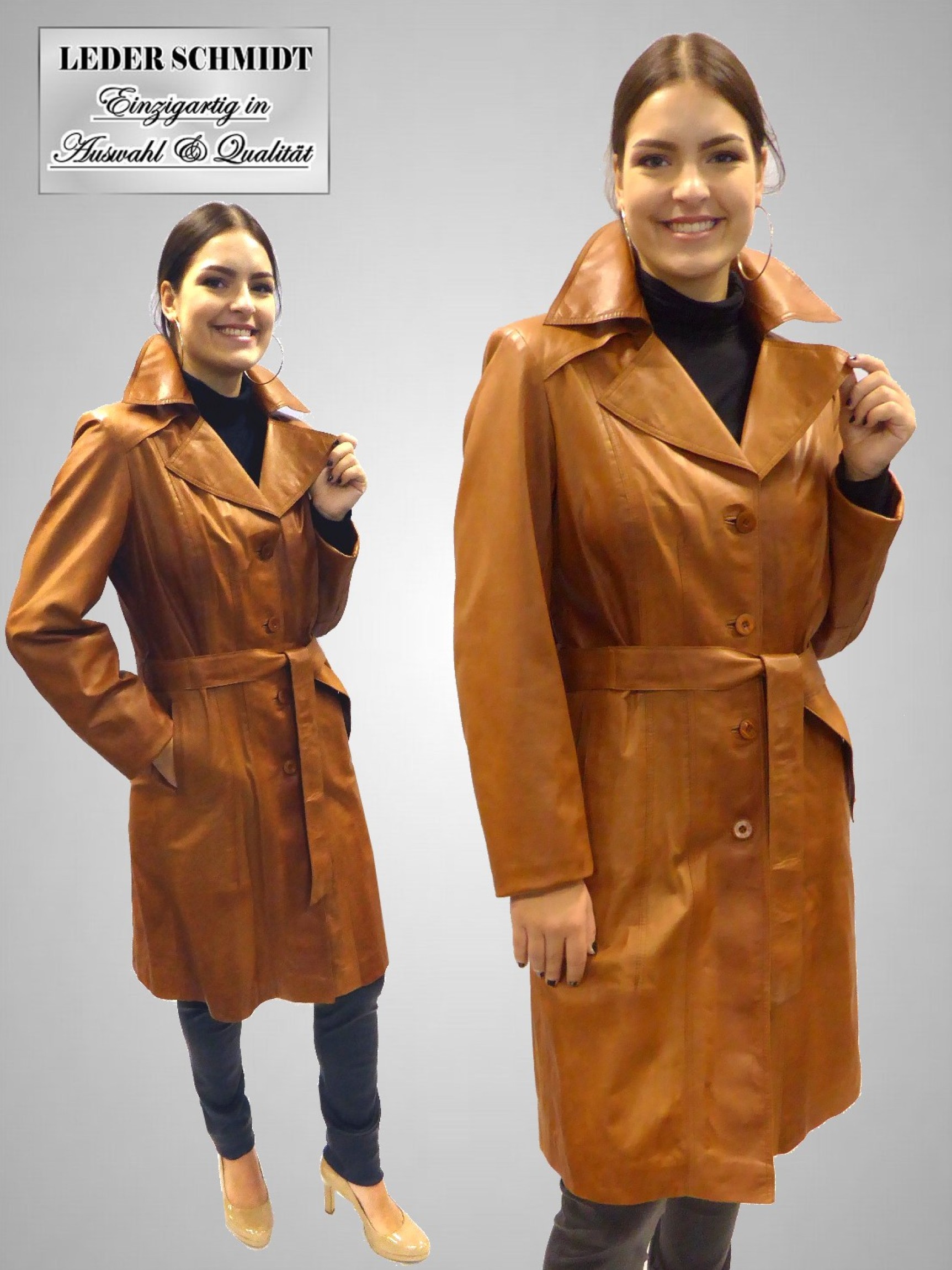 Leder Mantel Damen cognac Gürtel