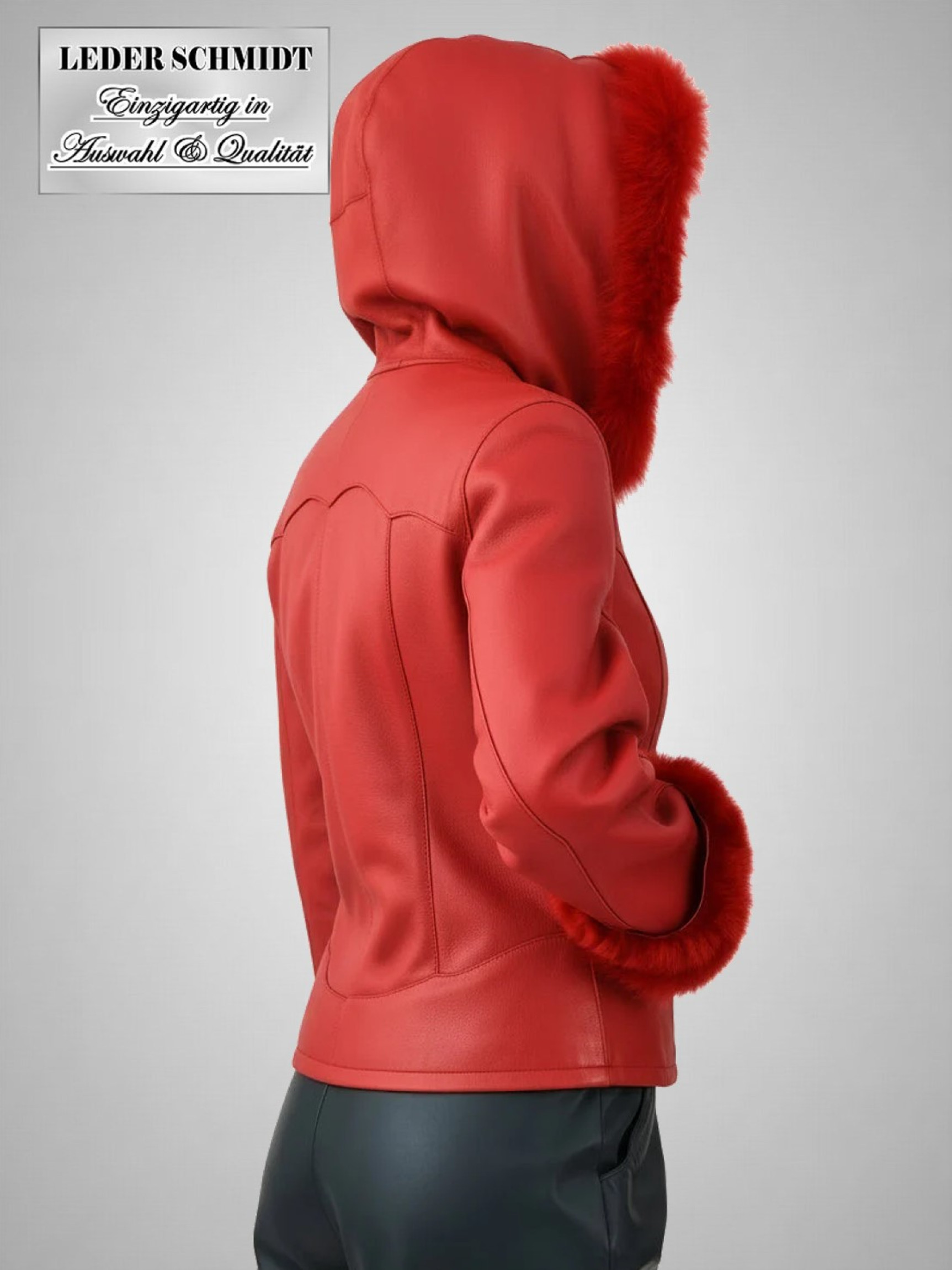 rote kurze gewachsene Damen Lammfelljacke Kapuze