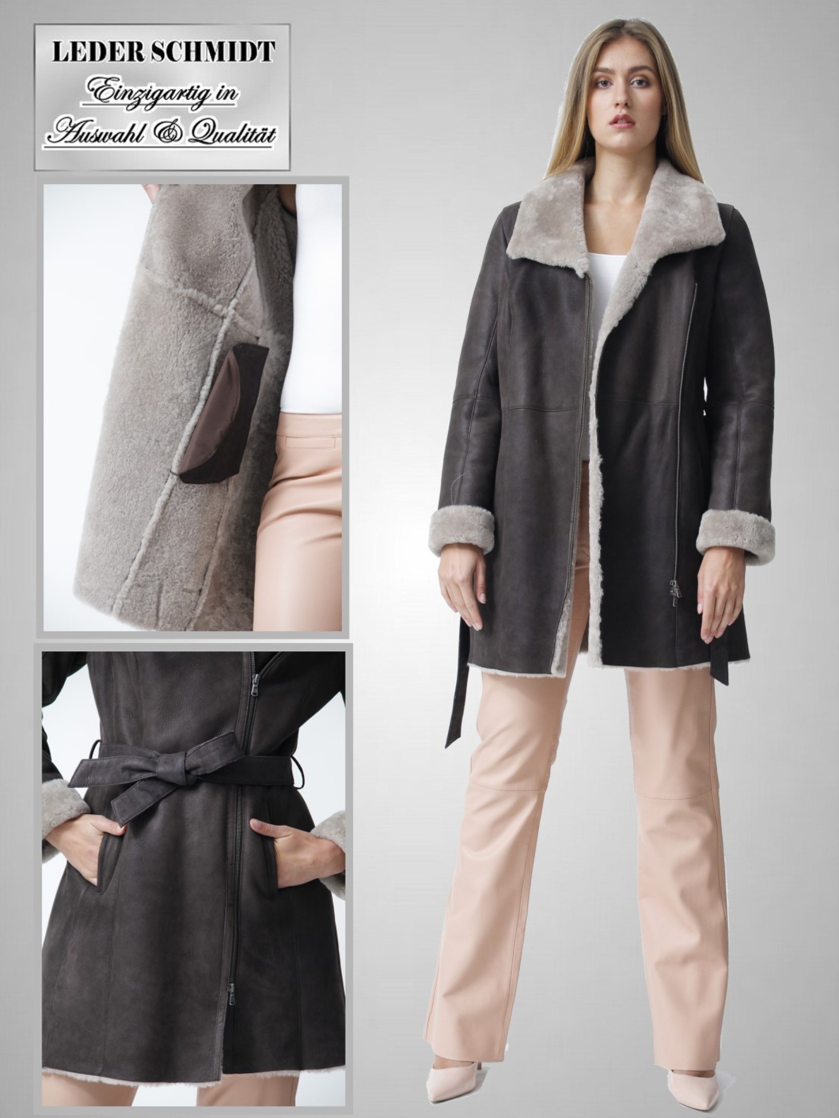 leichte Damen Lammfelljacke mit Gürtel und Reißverschluss