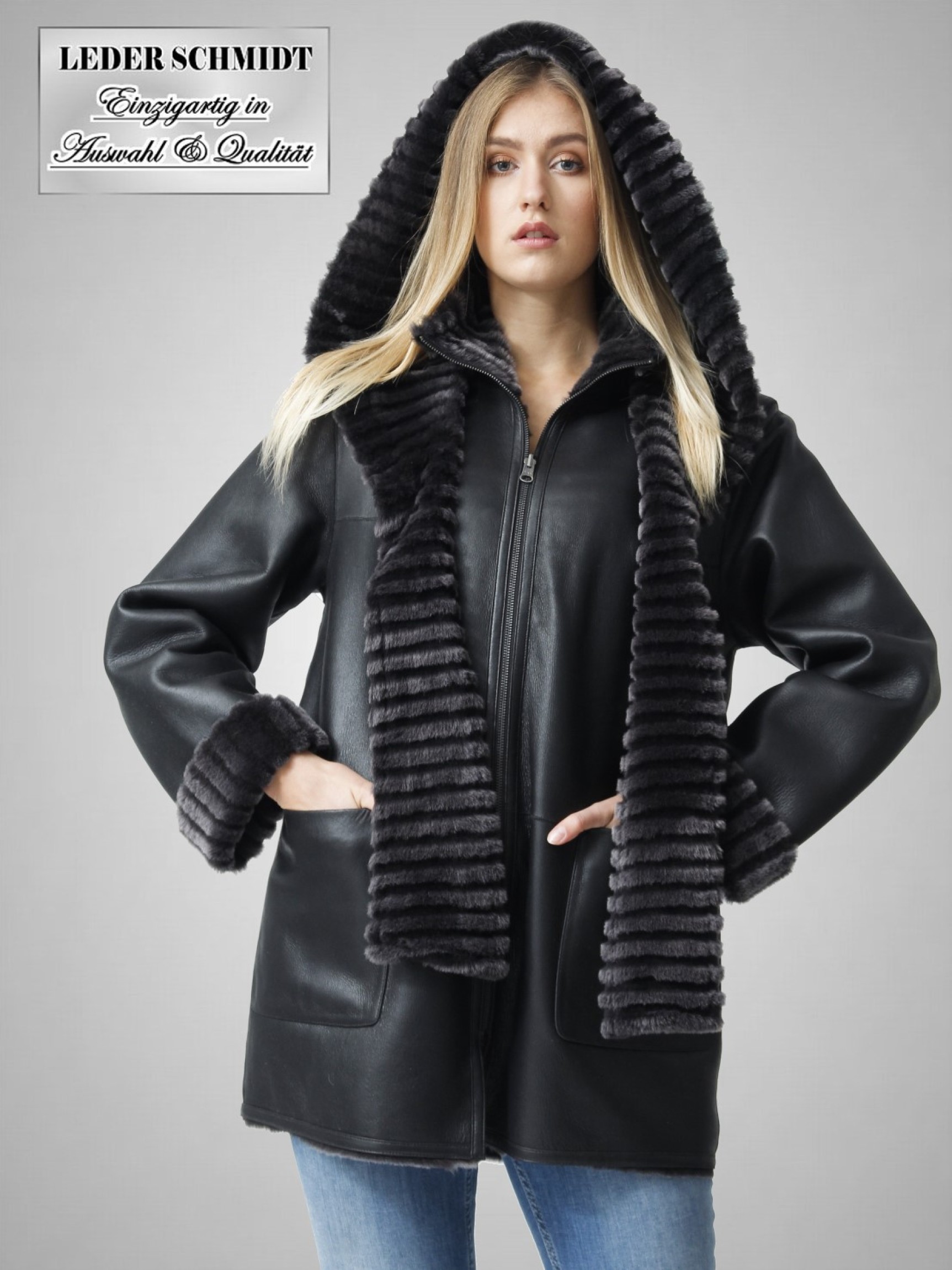 echte Lammfelljacke Damen Kapuze abnehmbar schwarz