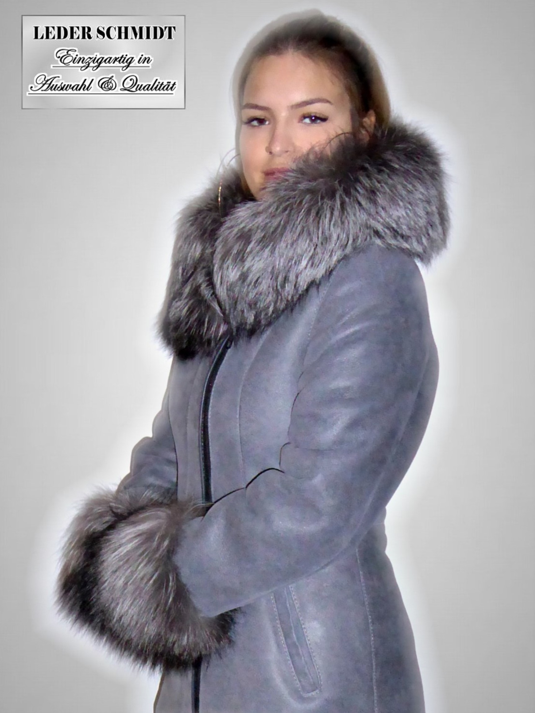 echte Damen Lammfelljacke po bedeckt figurbetont blaugrau