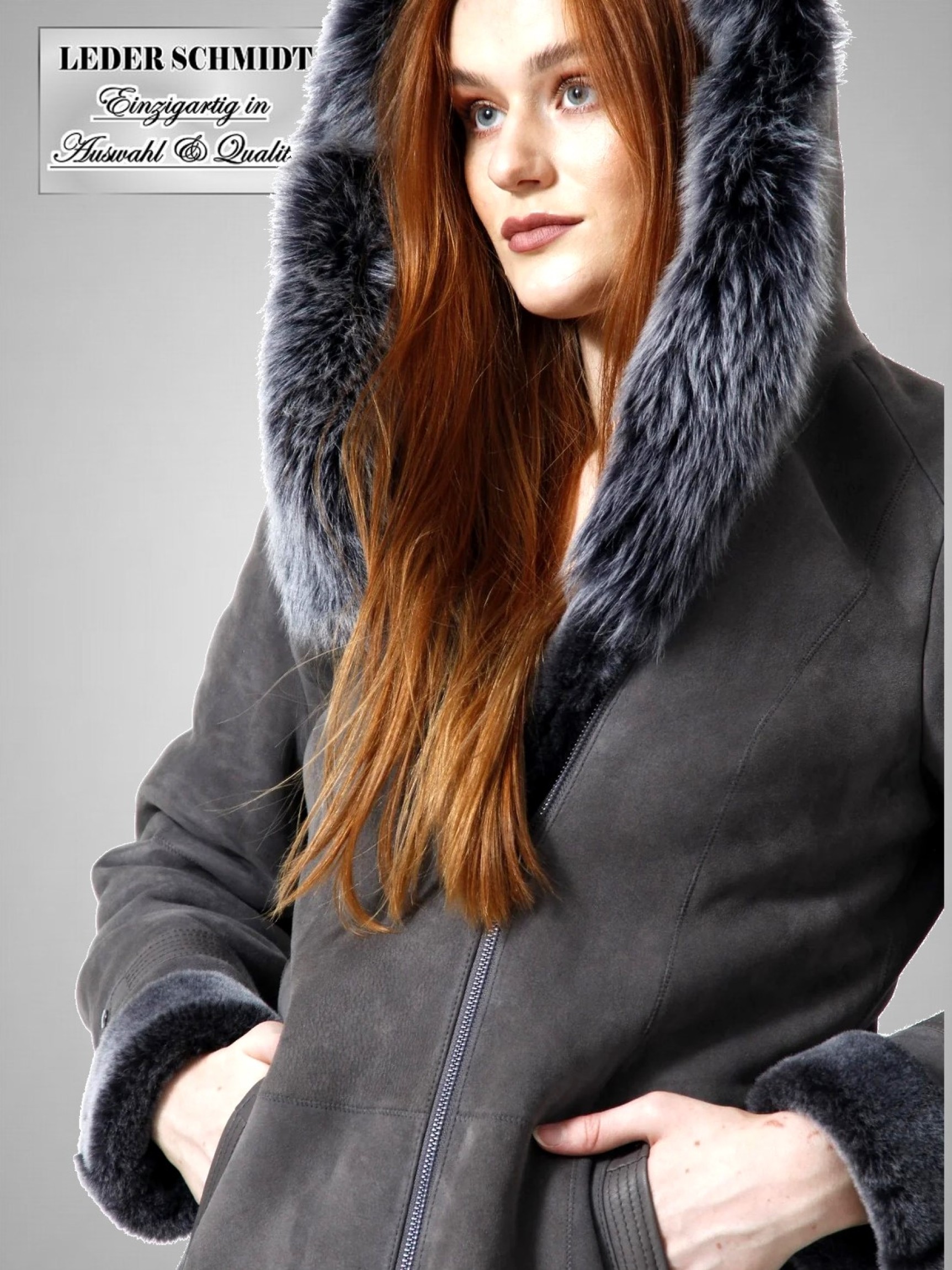 leichte echte Damen-Lammfelljacke mit Reißverschluss Kapuze Merinolamm