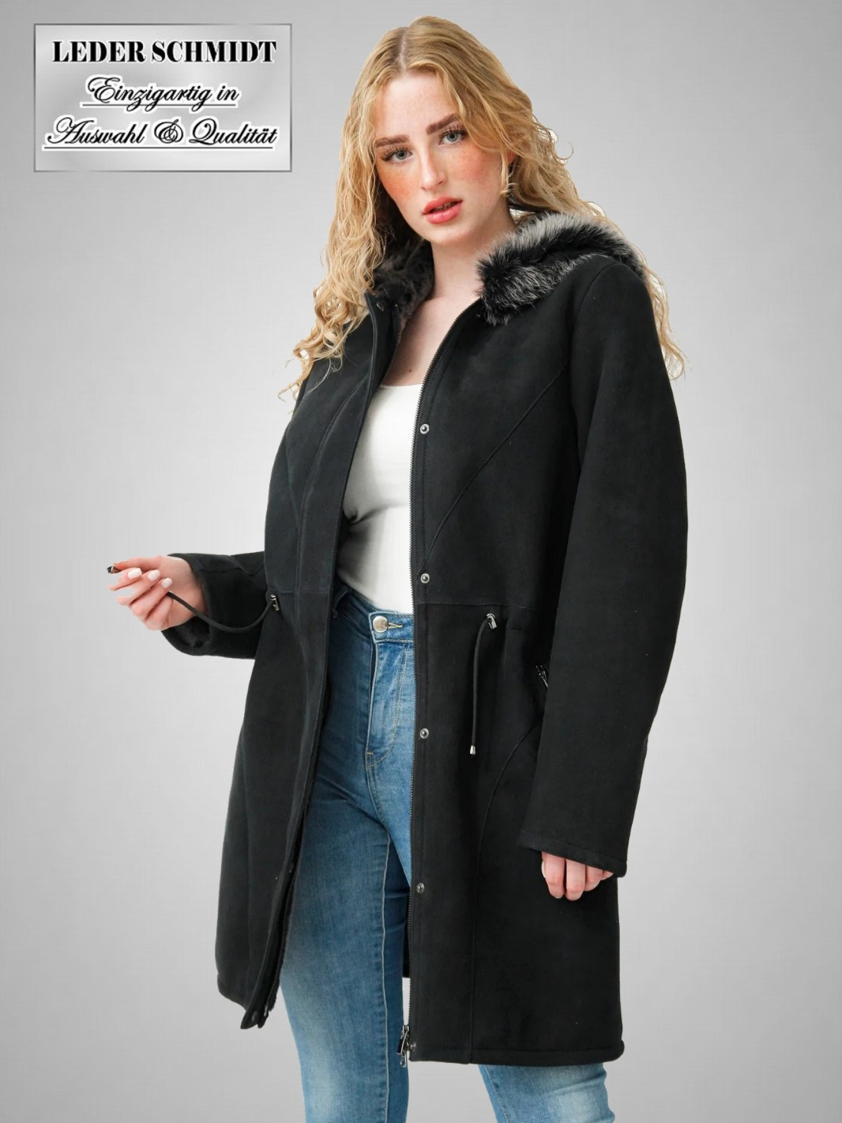 Lange Damen Lammfell-Parka in schwarz mit Kapuze