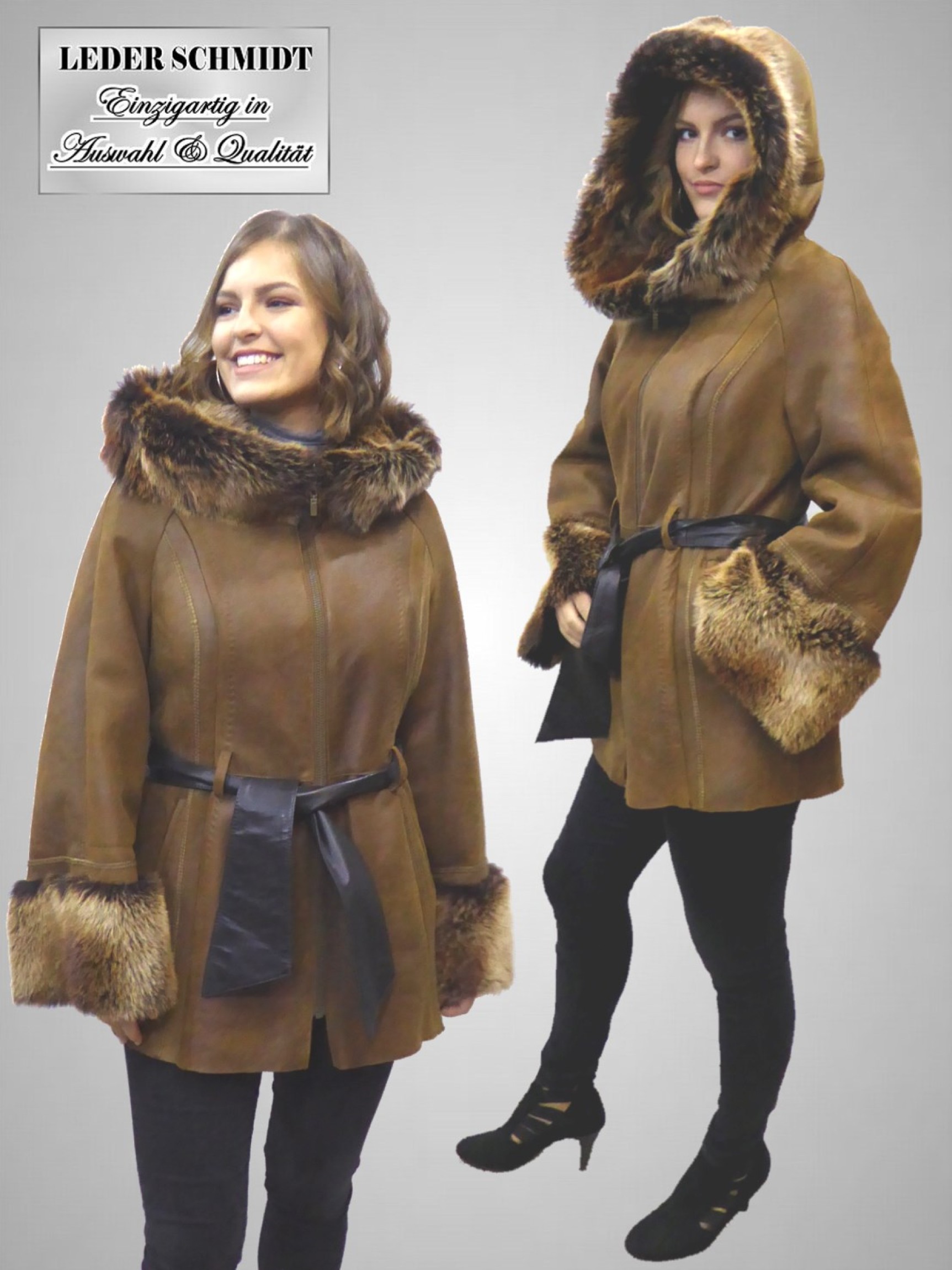 außergewöhnliche lange Damen Lammfelljacke mit Toscana Lammfell Kapuze braun