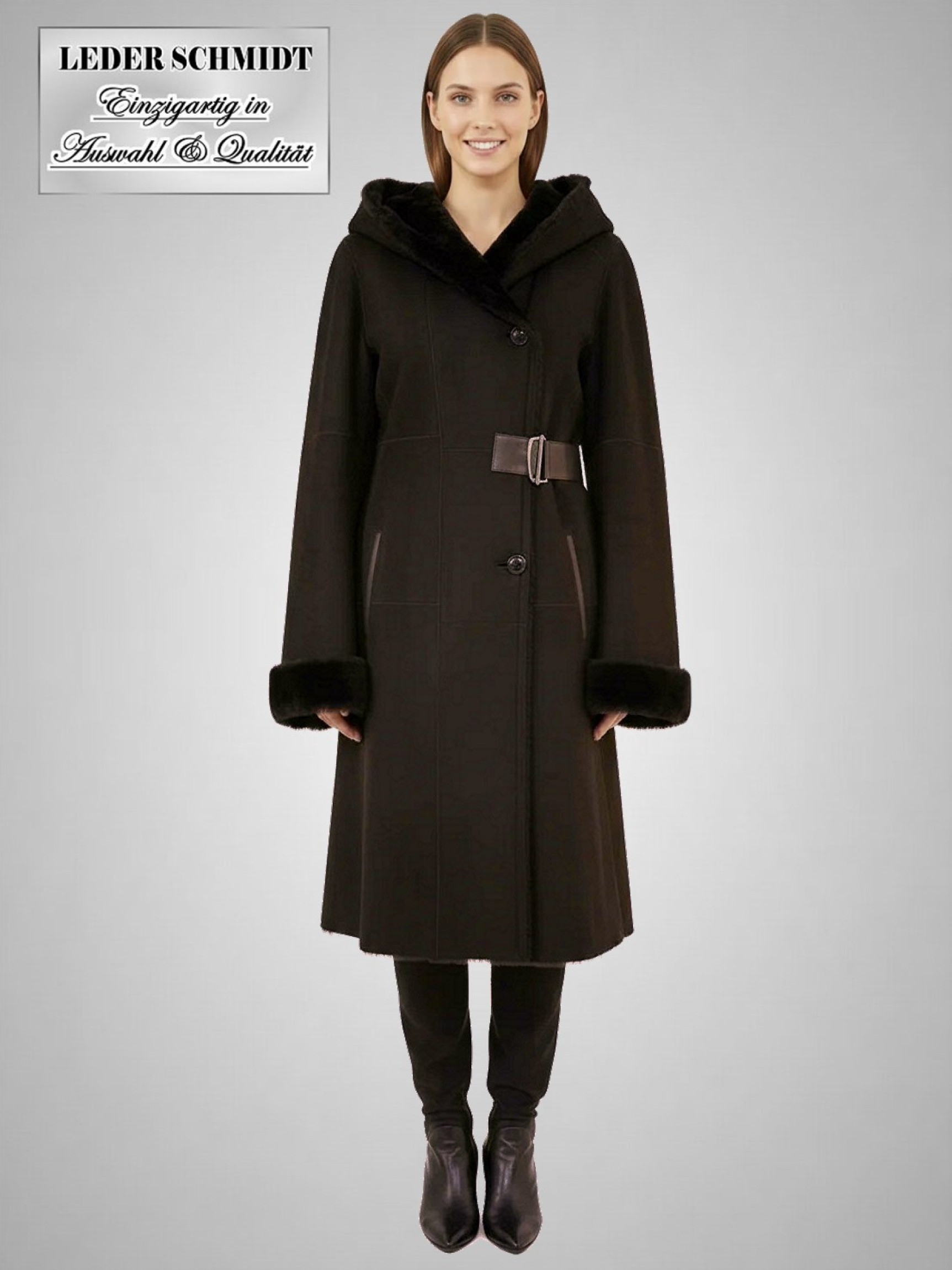 Damen Lammfellmantel mit Kapuze