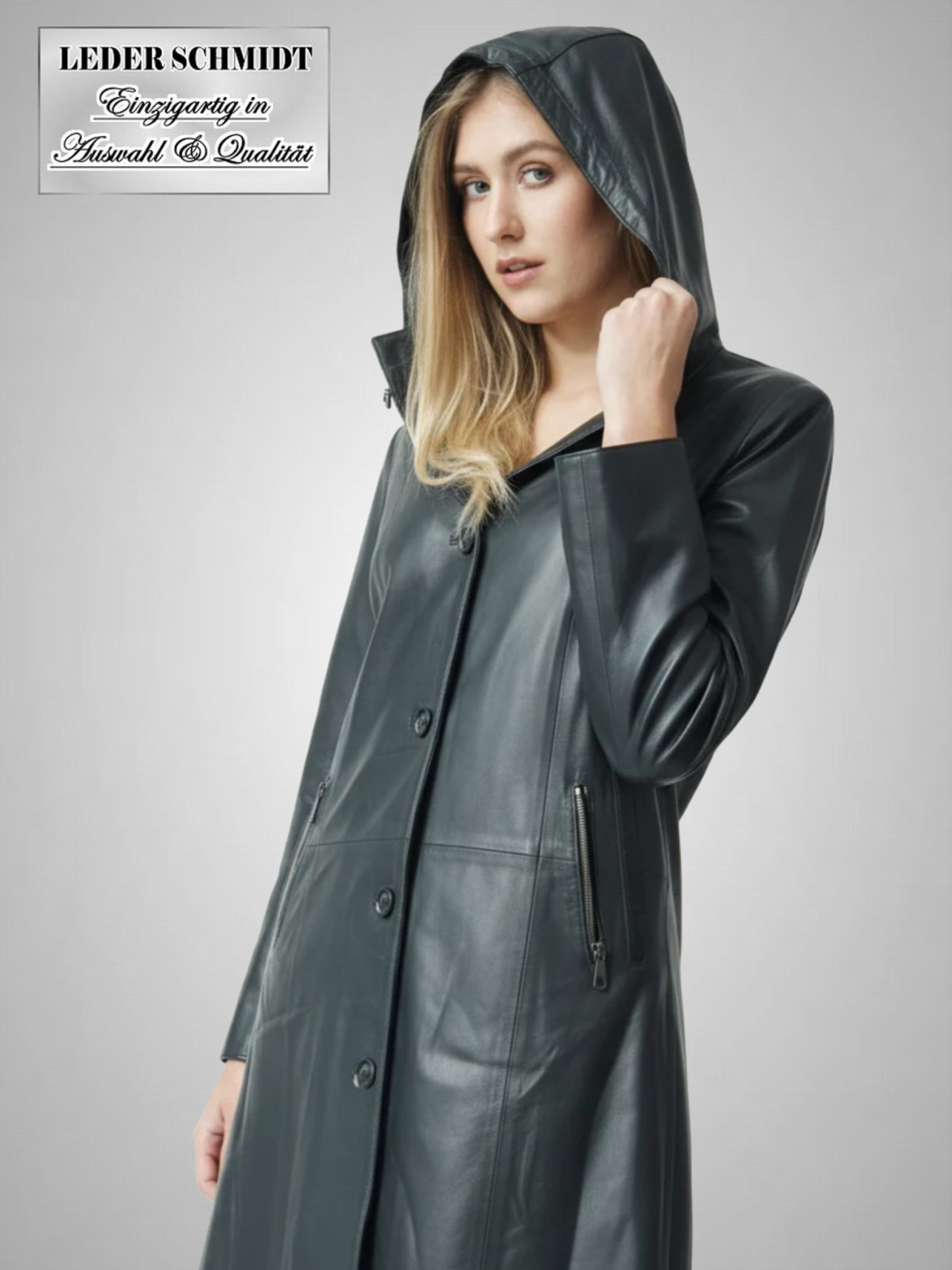 langer echter Damen Ledermantel mit Kapuze