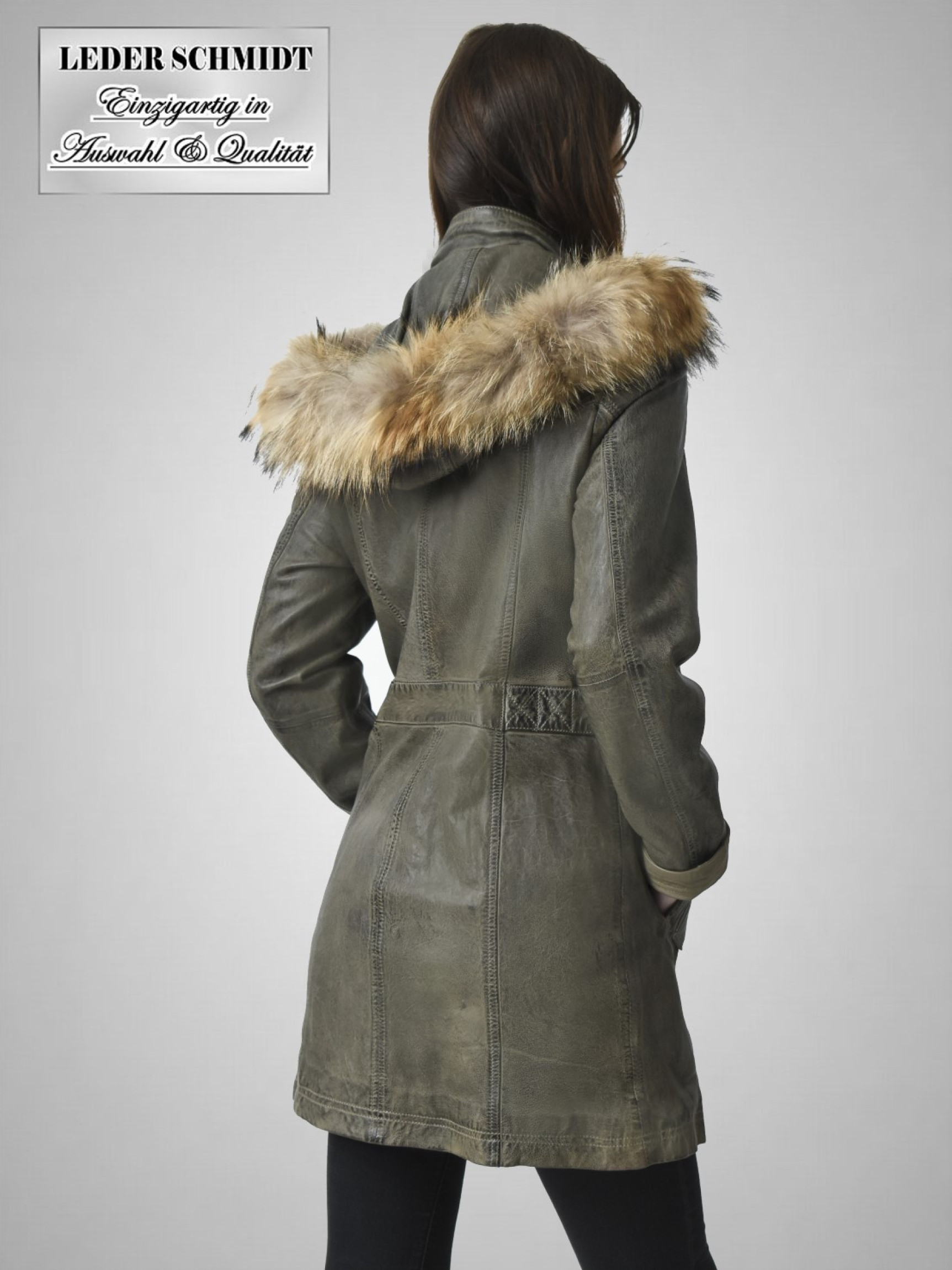 Damen Lederparka mit abnehmbarer Kapuze