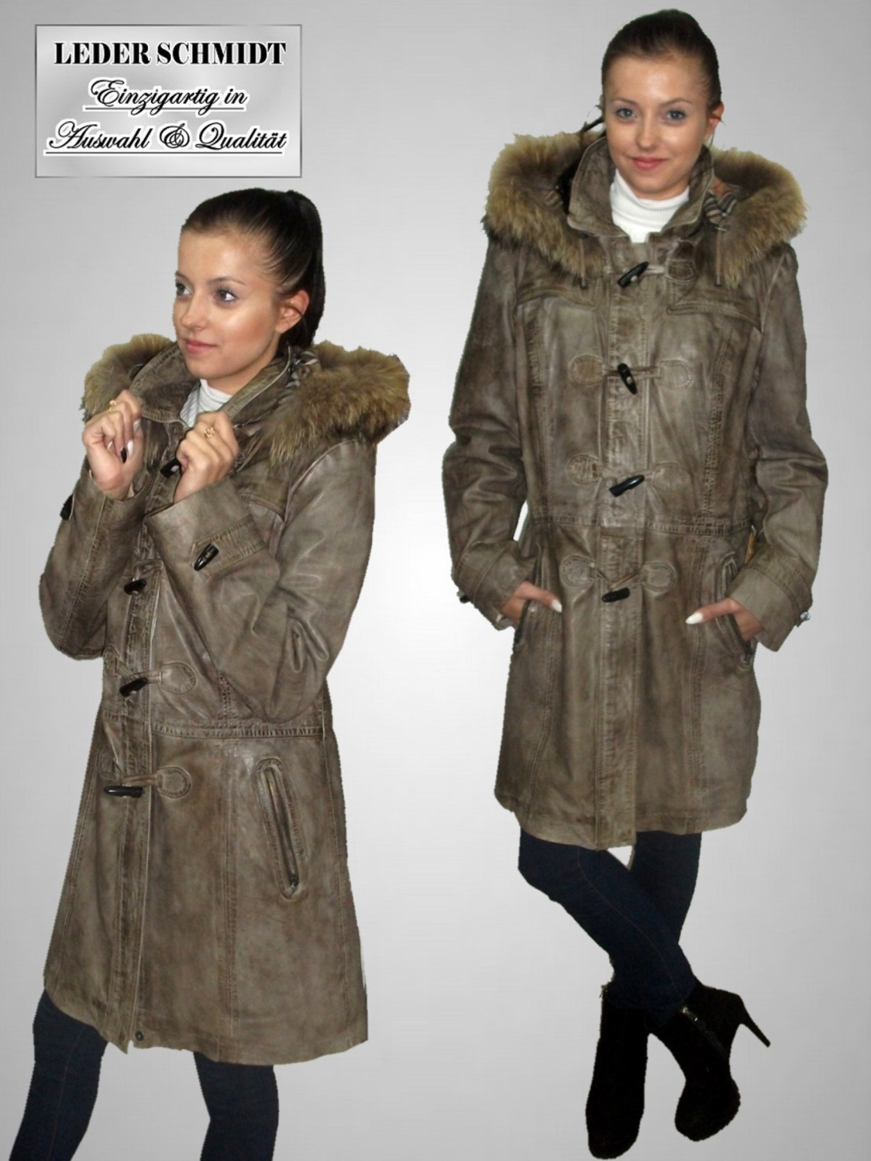 echte lange Damen-Lederjacke mit Kapuze